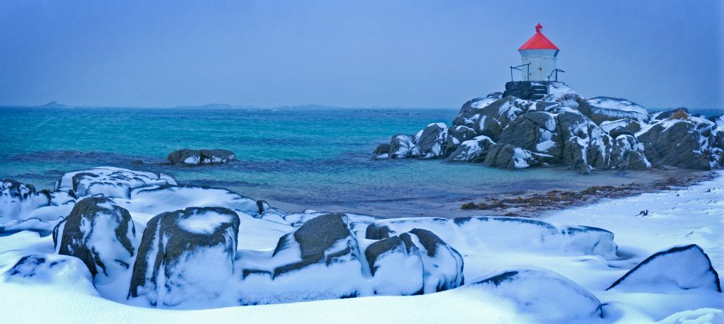 Winter beach with lighthouse, Eggum